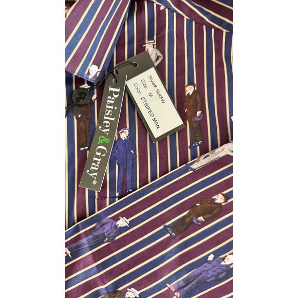 Paisley & Gray Men’s Slim Fit Dress Shirt M Striped Man Print Burgundy Navy NWT - Picture 7 of 14